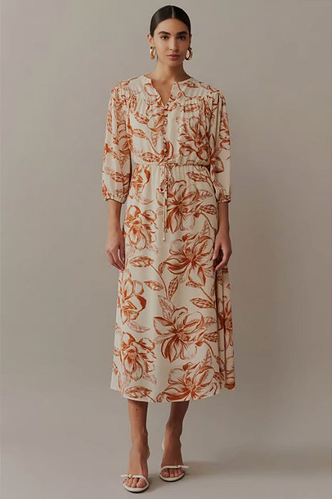 Vestido Maxi Midi Estampado Em Crepe Com Botões Frontais Decorativos Simple Life - 15343