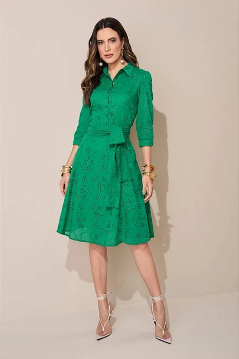 Vestido Verde Em Laise Com Botões Frontais Acompanha Faixa Jany Pim - 6254