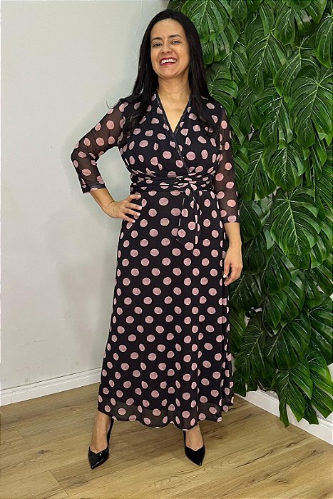 Vestido Maxi Midi Preto Com Poá Rose Em Tule Transpassado Simple Life - 15373