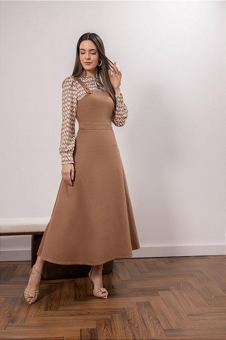 Salopete Maxi Midi 125 Cm Godê Em Sarja Collor Ocre Laura Rosa - 810960