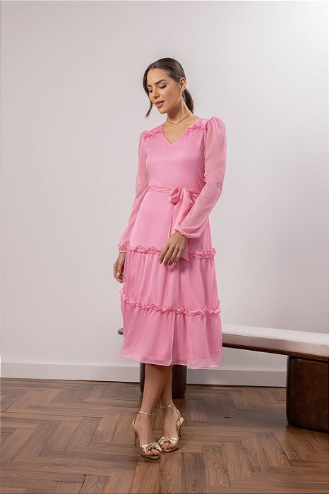 Vestido Midi 120 Cm Rosa Em Chiffon Acompanha Faixa Laura Rosa - 810969