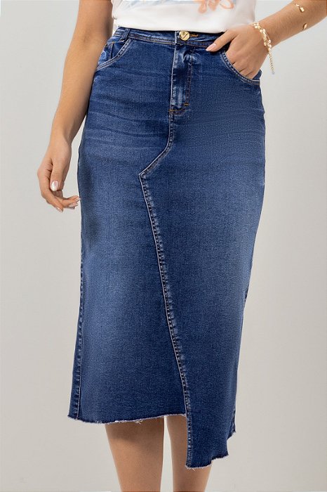 Saia Midi 80 Cm Jeans Barra Desfiada E Assimétrica Semi Evasê Laura Rosa - 810951