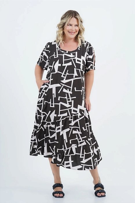 Vestido Plus Size Midi Estampado Em Viscose Com Babado Assimétrico - 257071
