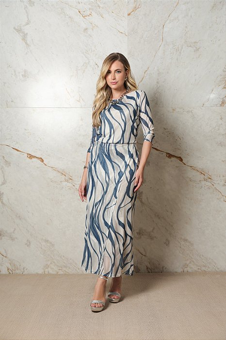 Vestido Plus Size Maxi Midi Estampado Em Tule Com Manga 3/4 Dazul - 4734