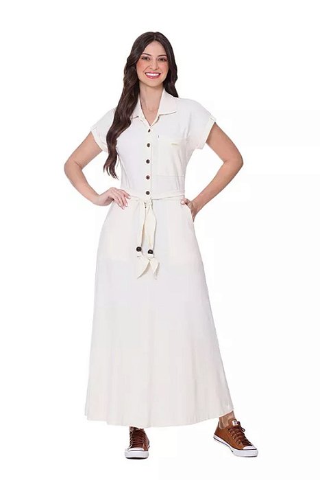 Vestido Maxi Midi Cru Em Piquet Com Botões Frontais E Acompanha Faixa Hapuk - 61883