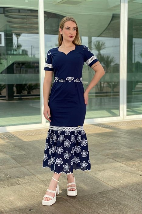 Vestido Maxi Midi Azul Laise Bordada E Detalhes Em Guipir Montaria - 11081