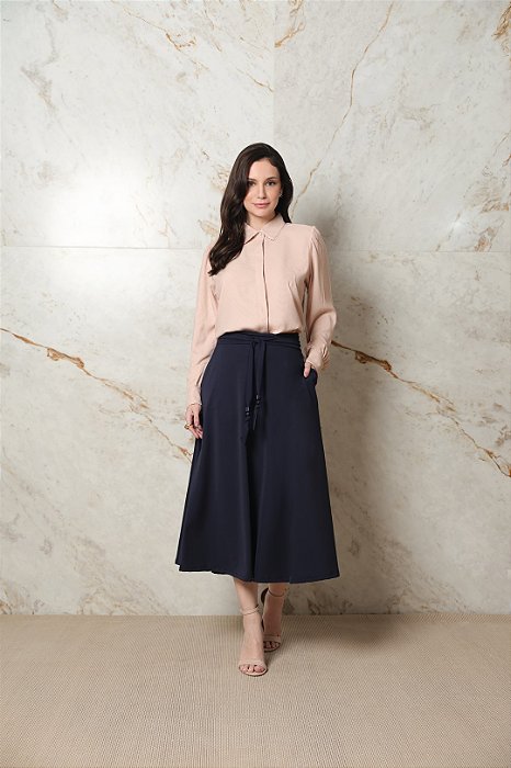 Saia Midi Azul Em Malha Stretch Cordão Com Ponteiras Dazul - 5628