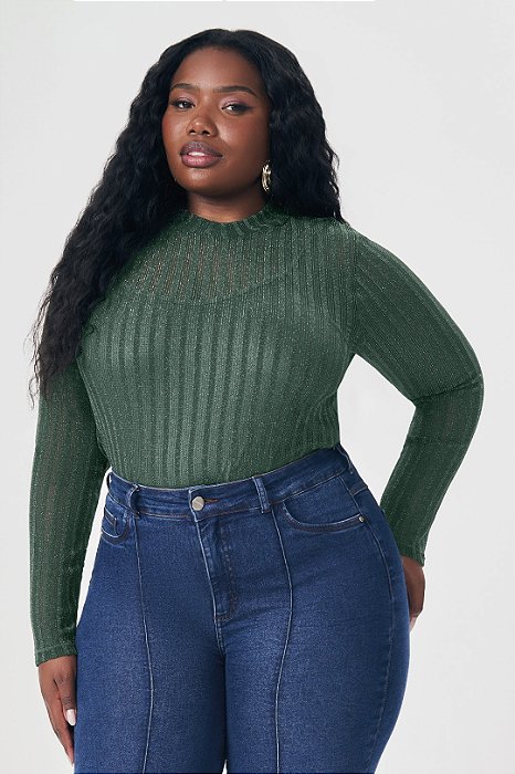 Blusa Plus Size Verde Em Tule Com Lurex De Manga Longa Lisamour - 201994