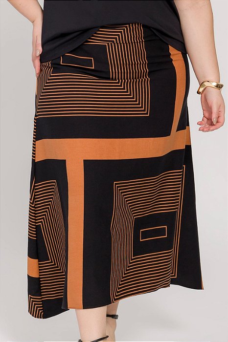 Saia Plus Size Midi Estampada Em Viscolinho Com Barra Assimétrica Lisamour - 201967