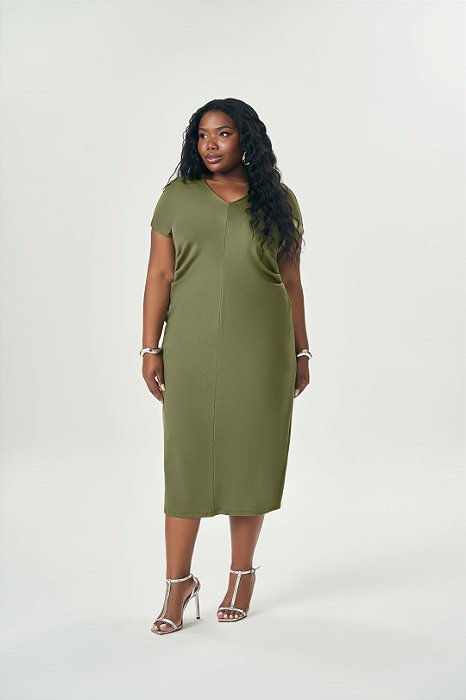 Vestido Plus Size Midi Verde Em Malha Com Detalhe Drapeado Lisamour - 202028