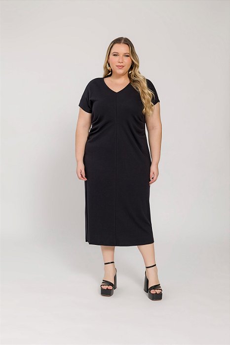 Vestido Plus Size Midi Preto Em Malha Com Detalhe Drapeado Lisamour - 202028