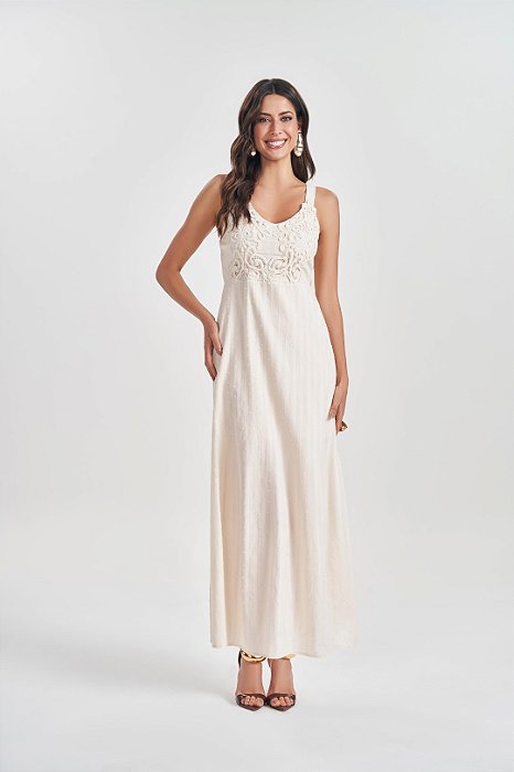 Vestido Maxi Midi Off White Em Cambraia Maquinetada De Alça Doce Trama - 105241