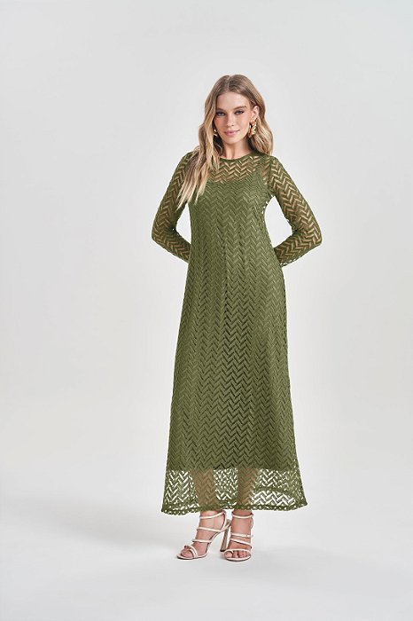 Vestido Maxi Midi Verde Em Tela Chevron De Manga Longa Doce Trama -105356