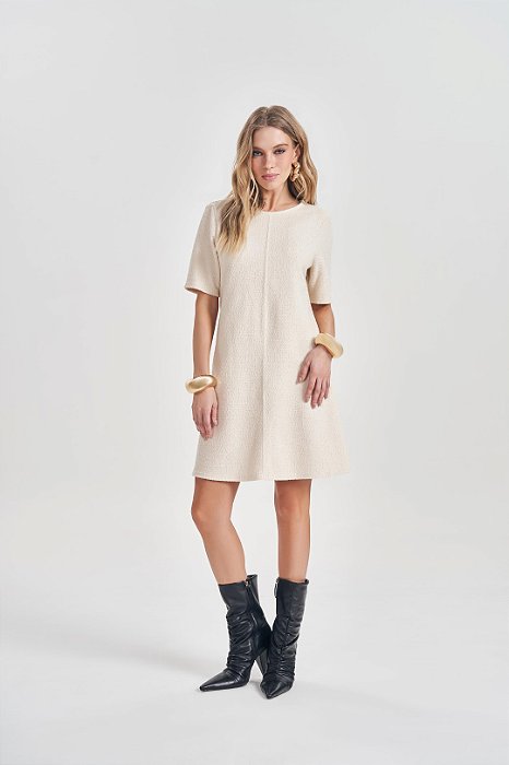 Vestido Off White Em Malha Jacquard Tweed De Manga Curta Doce Trama - 105360