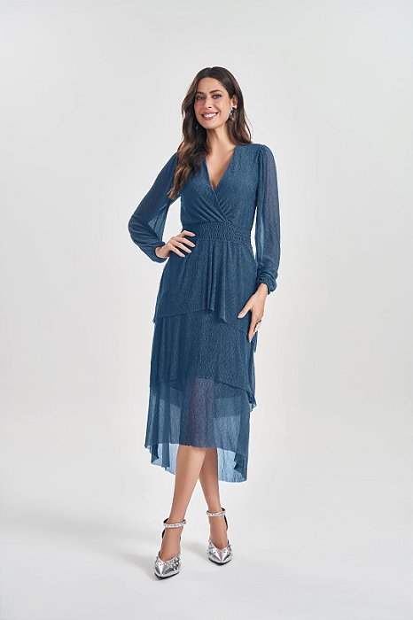 Vestido Midi Azul Em Mini Plissê Texturizado De Manga Longa Doce Trama - 105246
