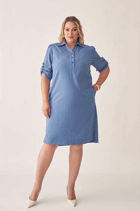 Vestido Chemise Plus Size Azul Em Viscopoly De Manga 7/8 Com Martingale - 42375