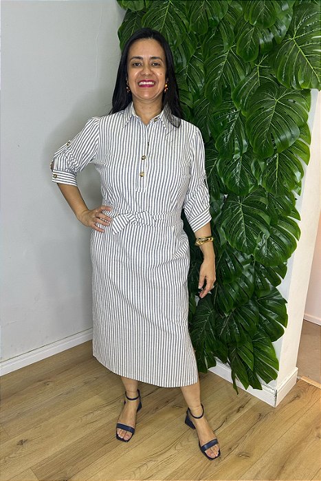 Vestido Midi Chemise Plus Size Listrado Em Algodão Acompanha Faixa - 42373