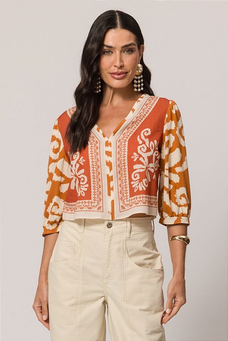 Blusa Estampada De Terracota E Cru De Manga 3/4 E Decote V Doce Trama - 105660