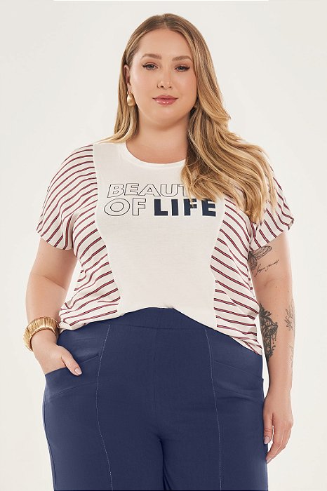 T-Shirt Plus Size Off White E Estampa Náutica De Manga Morcego Curta Lisamour - 202077