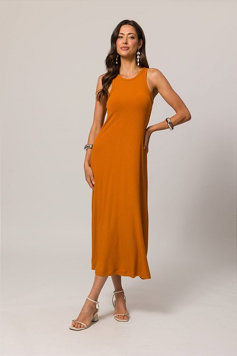 Vestido Maxi Midi Terracota Sem Manga Em Ribana Canelada Doce Trama - 104911