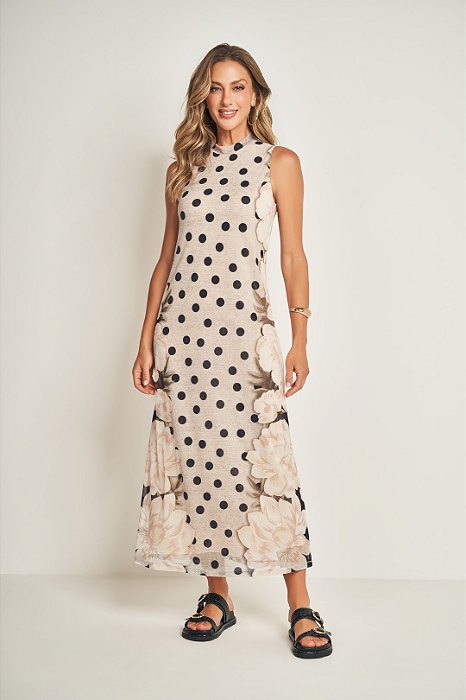 Vestido Longo Estampado Em Tule Sem Manga E Gola Alta Doce Trama - 105586