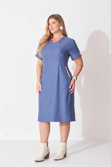 Vestido Azul Plus Size De Manga Curta E Bolsos Frontais Funcionais - 42391