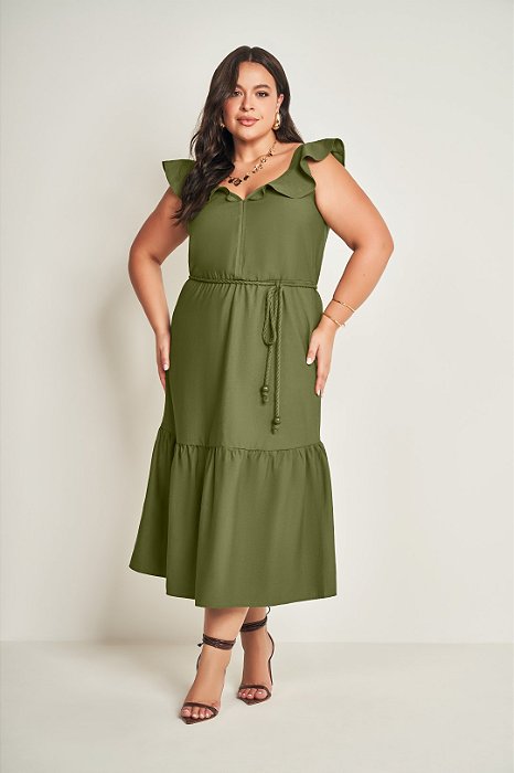 Vestido Plus Size Maxi Midi Verde Com Cordão Em New Sartorial Doce Trama - 105609