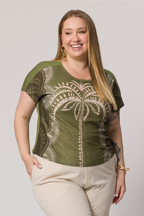 Blusa Plus Size Verde Em Malha E Estampa Frontal Em Viscocrepe Lisamour - 202076