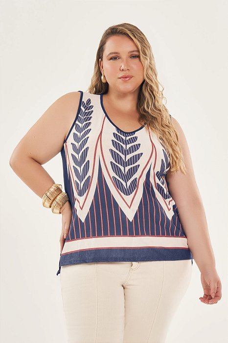 Blusa Plus Size Azul Com Estampa Frontal Em Malha Lisamour - 202094