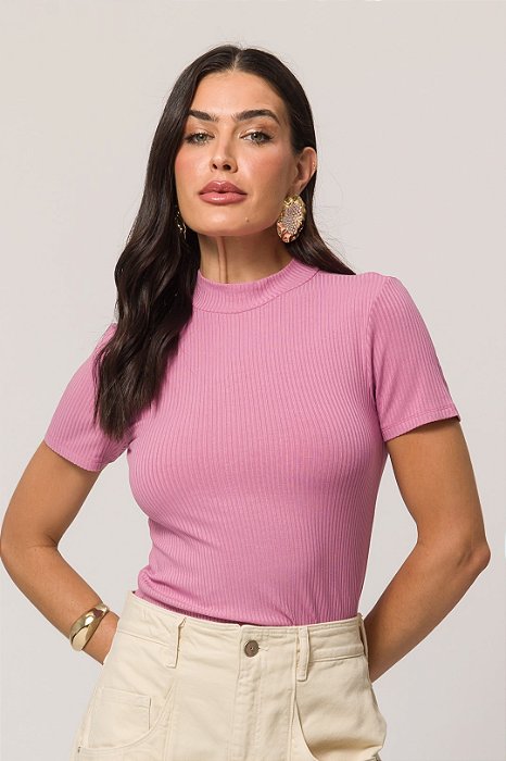 Blusa Rosa Em Ribana Canelada Com Gola Alta E Manga Curta Doce Trama - 104768