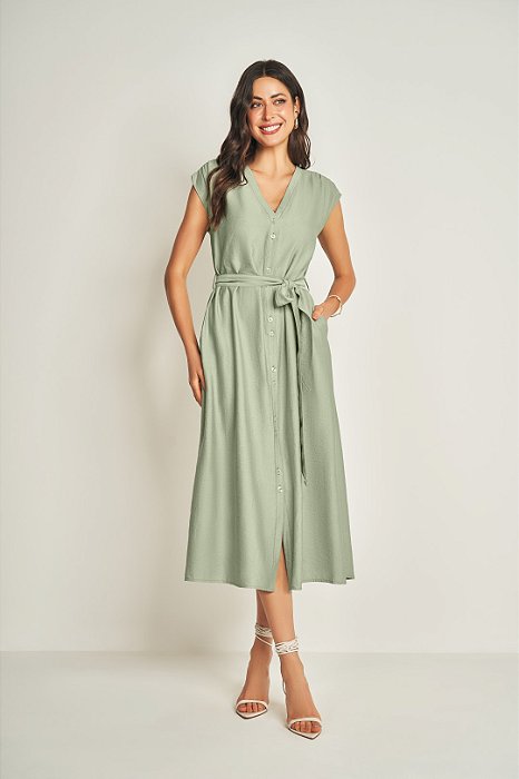 Vestido Midi Verde Em Viscoflow Com Botões Frontais E Faixa Doce Trama - 105419
