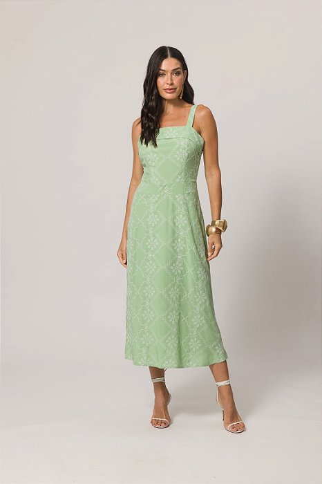 Vestido Maxi Midi Verde Em Viscose Bordada Sem Manga Doce Trama - 105480