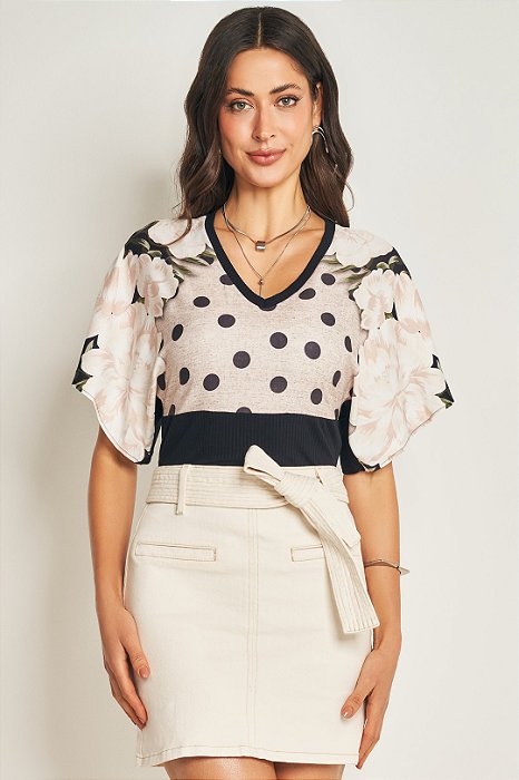 Blusa Preta Em Ribana Canelada E Estampa Frontal Em Sarja Four Way Doce Trama - 105590
