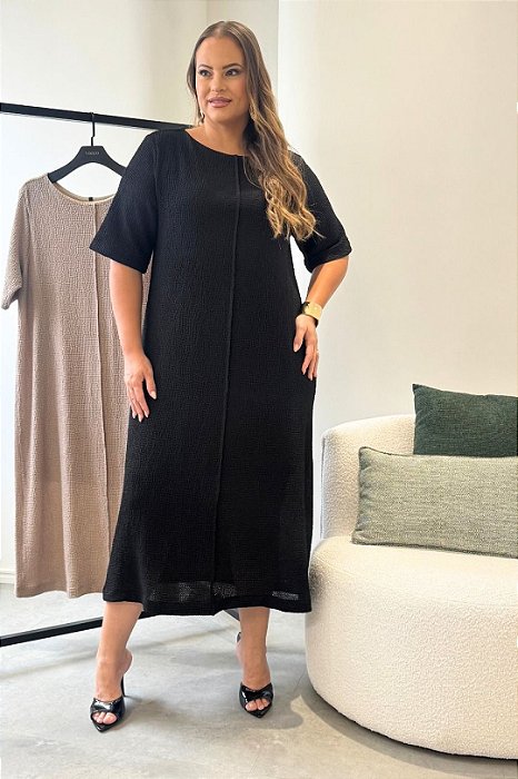 Vestido Plus Size Preto Maxi Midi Com Vinco Vocco Plus - 86808
