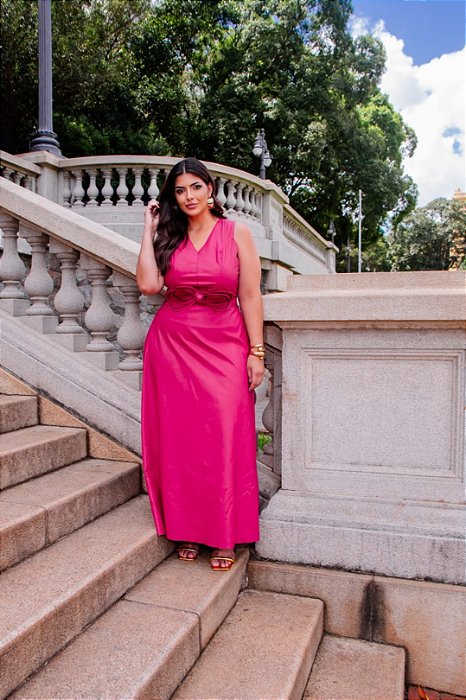 Vestido Plus Size Maxi Midi Pink Em Couro PU Acompanha Cinto Valentina Ferreira - 46046