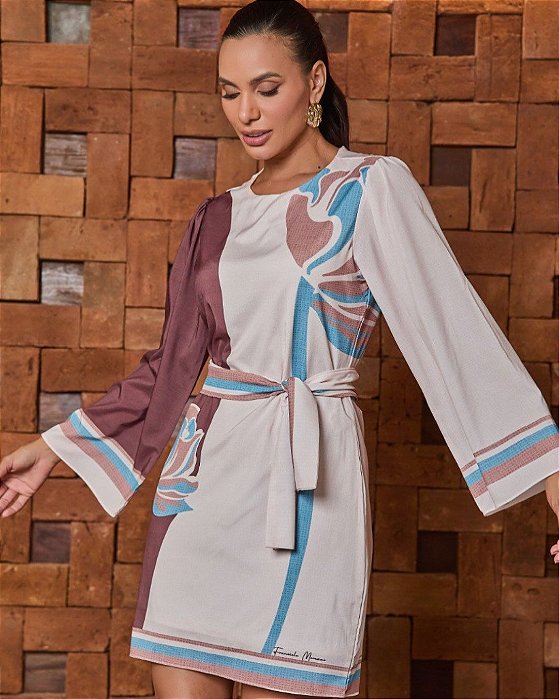 Vestido Estampado De Manga Longa E Acompanha Faixa Franciele Morezzi - 37050