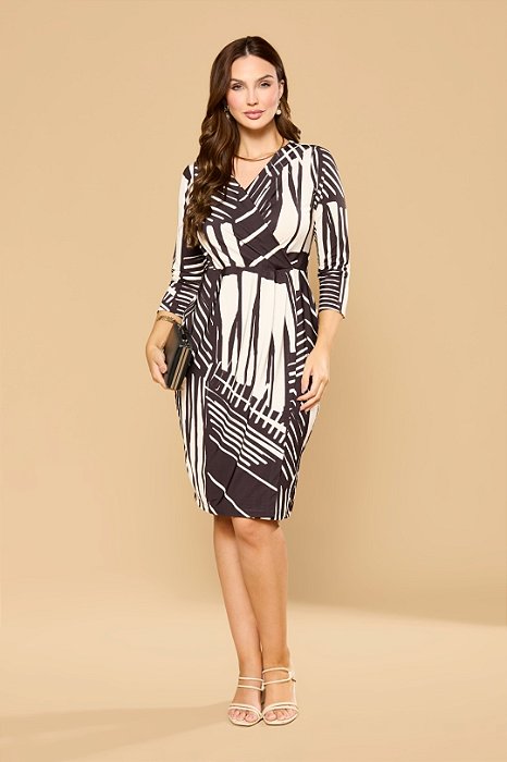 Vestido Estampado Transpassado De Manga 7/8 Em Malha Stretch Clamila - 10681-1