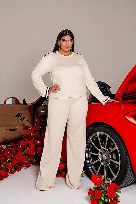 Conjunto Plus Size De Calça Pantalona Bege Em Moletinho - 12111