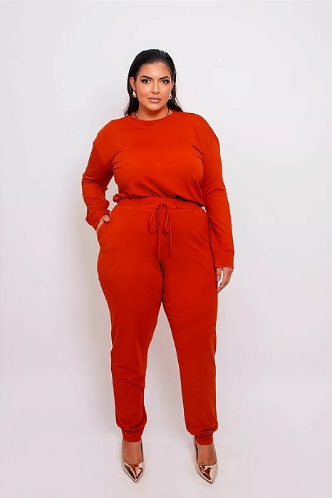 Conjunto Plus Size De Calça E Blusa De Manga Longa Terracota Em Moletinho - 12105