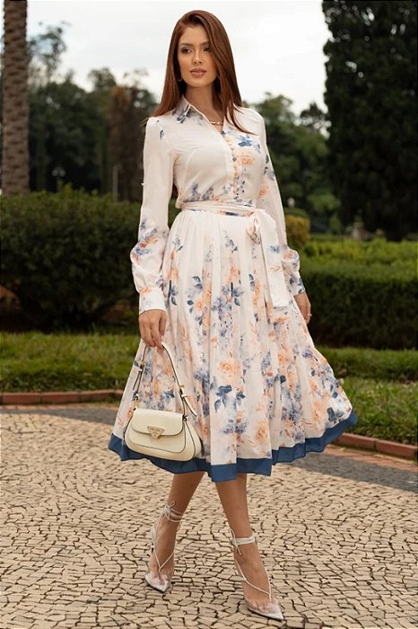Vestido Midi Estampado Em Toque De Seda Acompanha Faixa Jany Pim - 6385