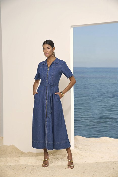 Vestido Maxi Midi Jeans Com Zíper Frontal E Acompanha Faixa Titanium - 27932