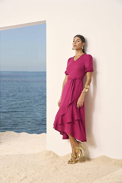 Vestido Pink Em Viscopoly Com Barra Assimétrica Acompanha Faixa Titanium - 27980