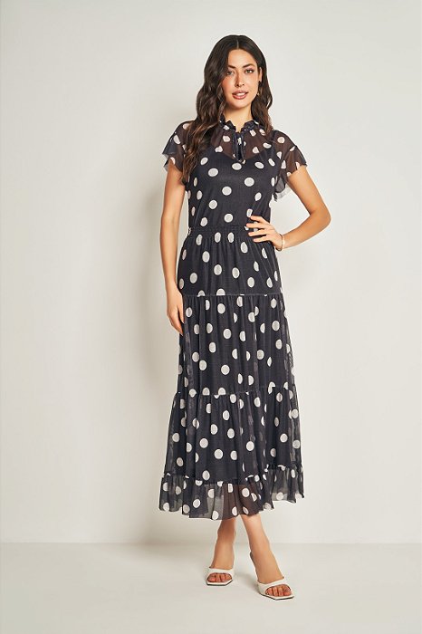 Conjunto De Saia Maxi Midi Preto Com Poá Off White Em Tule Doce Trama - 105664