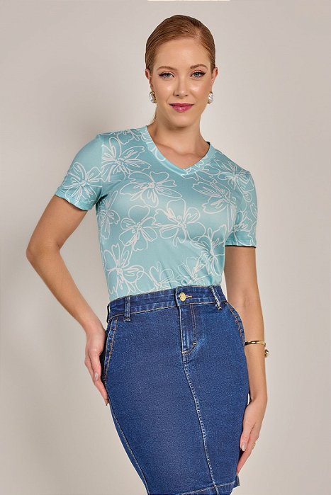 T-Shirt Verde Água Com Estampa Off White Em Malha Laura Rosa - 8109941