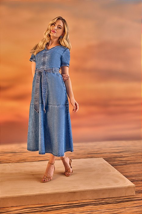 Vestido Maxi Midi Jeans Godê Acompanha Faixa Laura Rosa - 810998