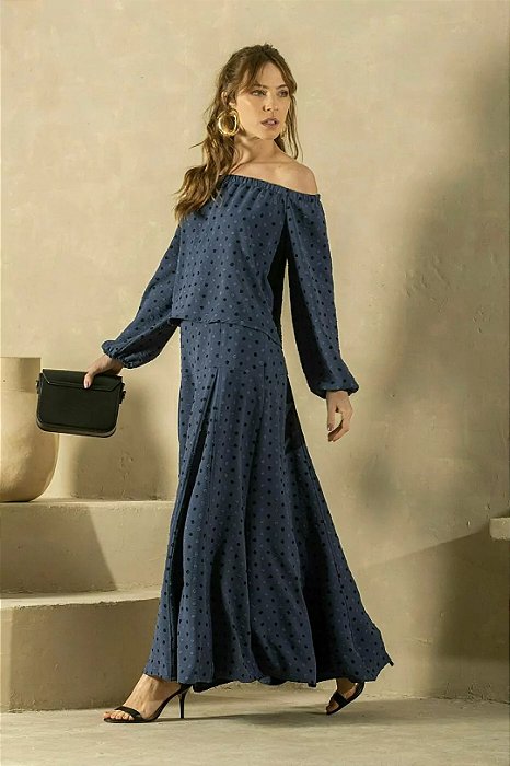 Conjunto De Saia Longa Azul Com Poá Texturizado Em Crepe - S3252
