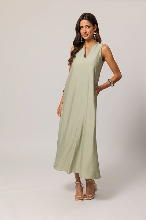 Vestido Maxi Midi Verde Em Viscoflow Sem Manga Doce Trama - 105428
