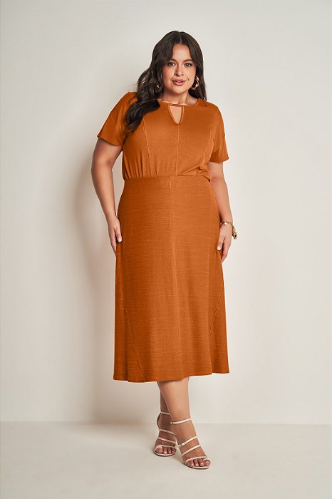 Conjunto De Saia Midi Plus Size Conhaque Com Pesponto Branco Doce Trama - 105539