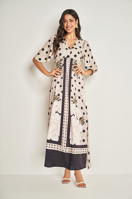 Vestido Maxi Midi Poá Com Estampa Em Viscose E Em Sarja Four Way Doce Trama - 105435
