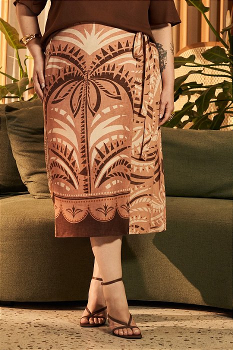 Saia Midi Plus Size Estampada Envelope Em Sarja Four Way E Viscose Lisamour - 202079